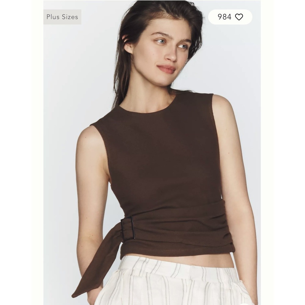 Maeve Anthropologie Sleeveless 100% Cotton Wrap Shirt With Buckle Brown Sz L
